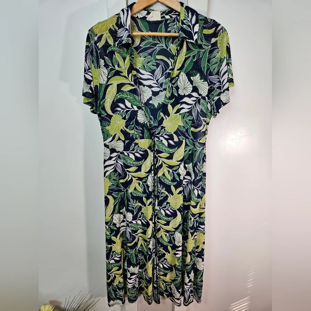 Ember XL Tropical Leaf Print Collared Tie Waist Cover-Up